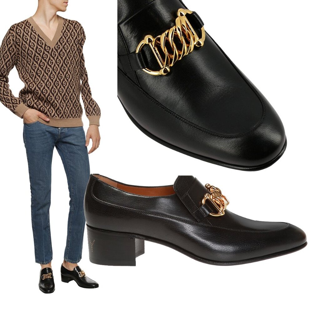 GUCCI SHOES MENS BLACK LEATHER HORSEBIT CHAIN LOAFERS ICE LOLLY sz 6 US 6.5